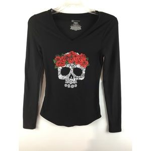 No Boudaries skull & rose print long sleeves top
